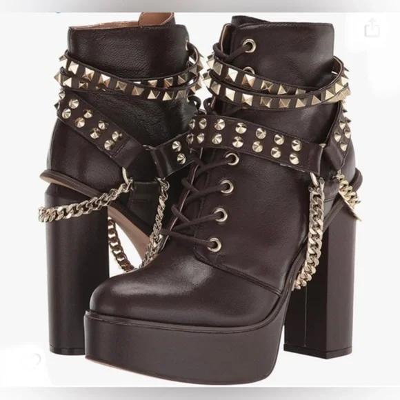 Jessica Simpson Lannoli brown lace up chain Studded Platform heeled boots size 9 - Picture 2 of 7
